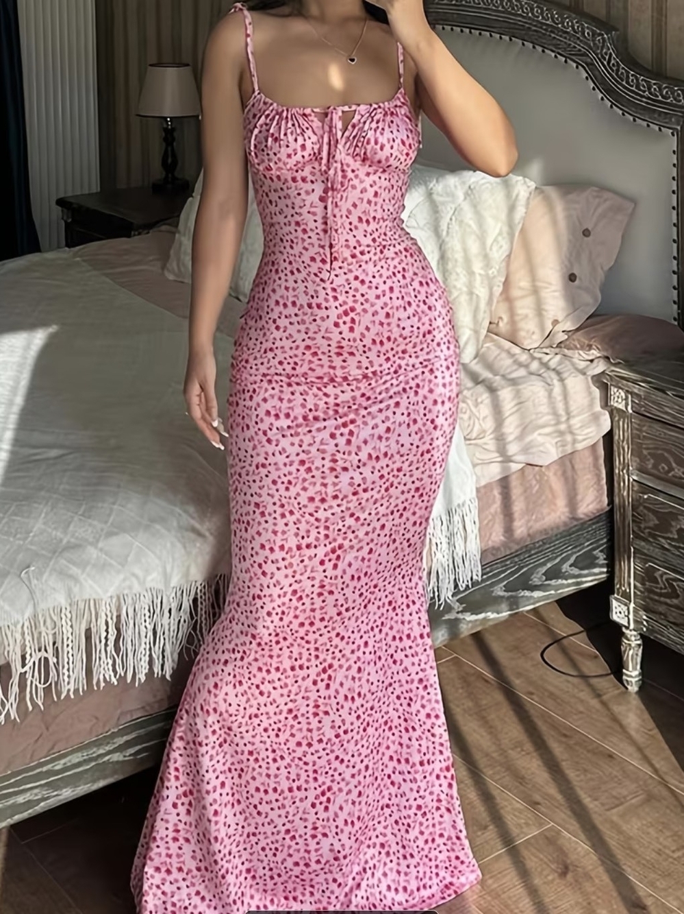 Pink Floral Maxi Dress with Tie Front